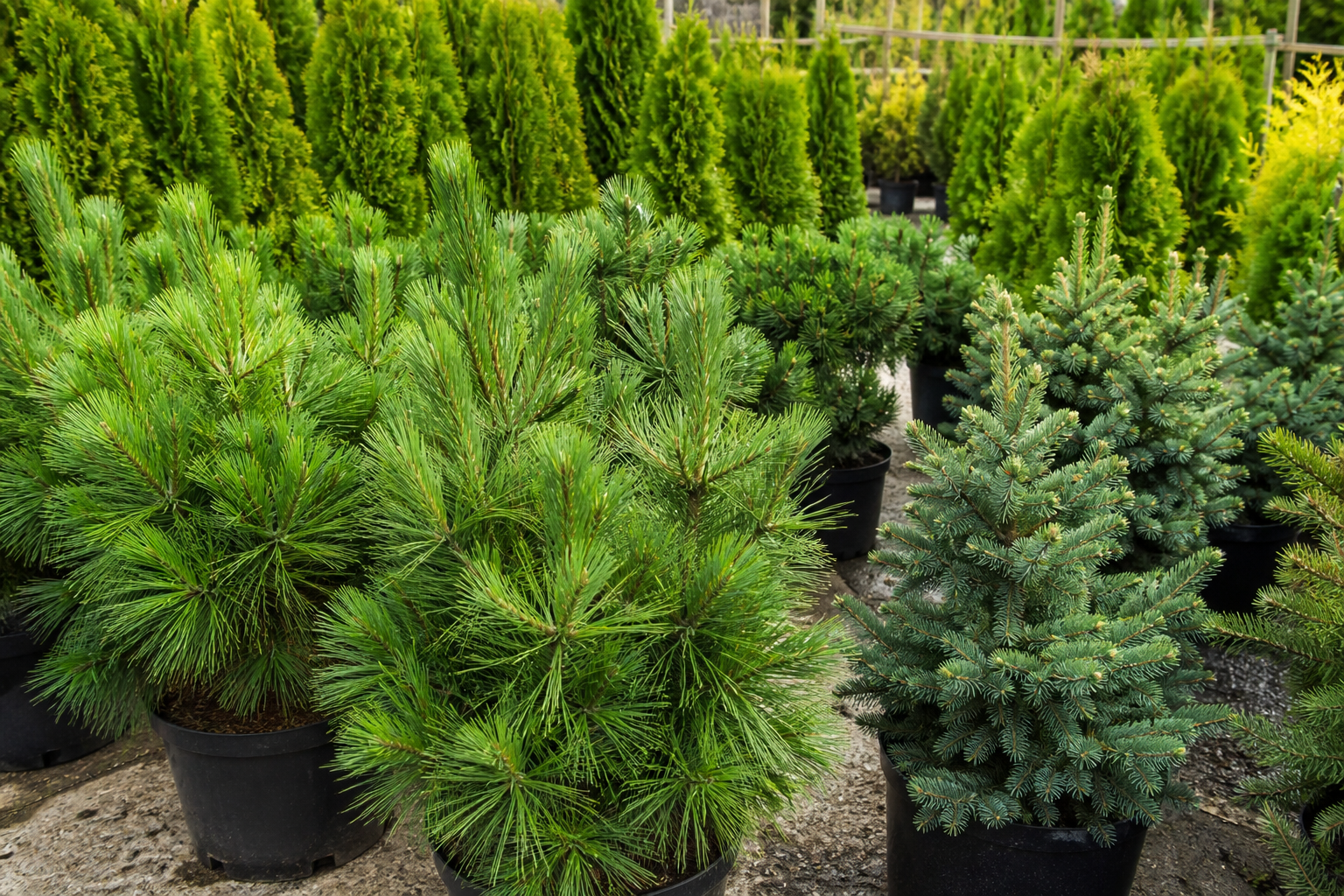 Evergreen conifers and hedge plants