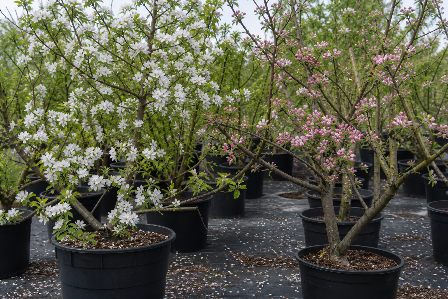 Flowering fruit trees in nursery containers