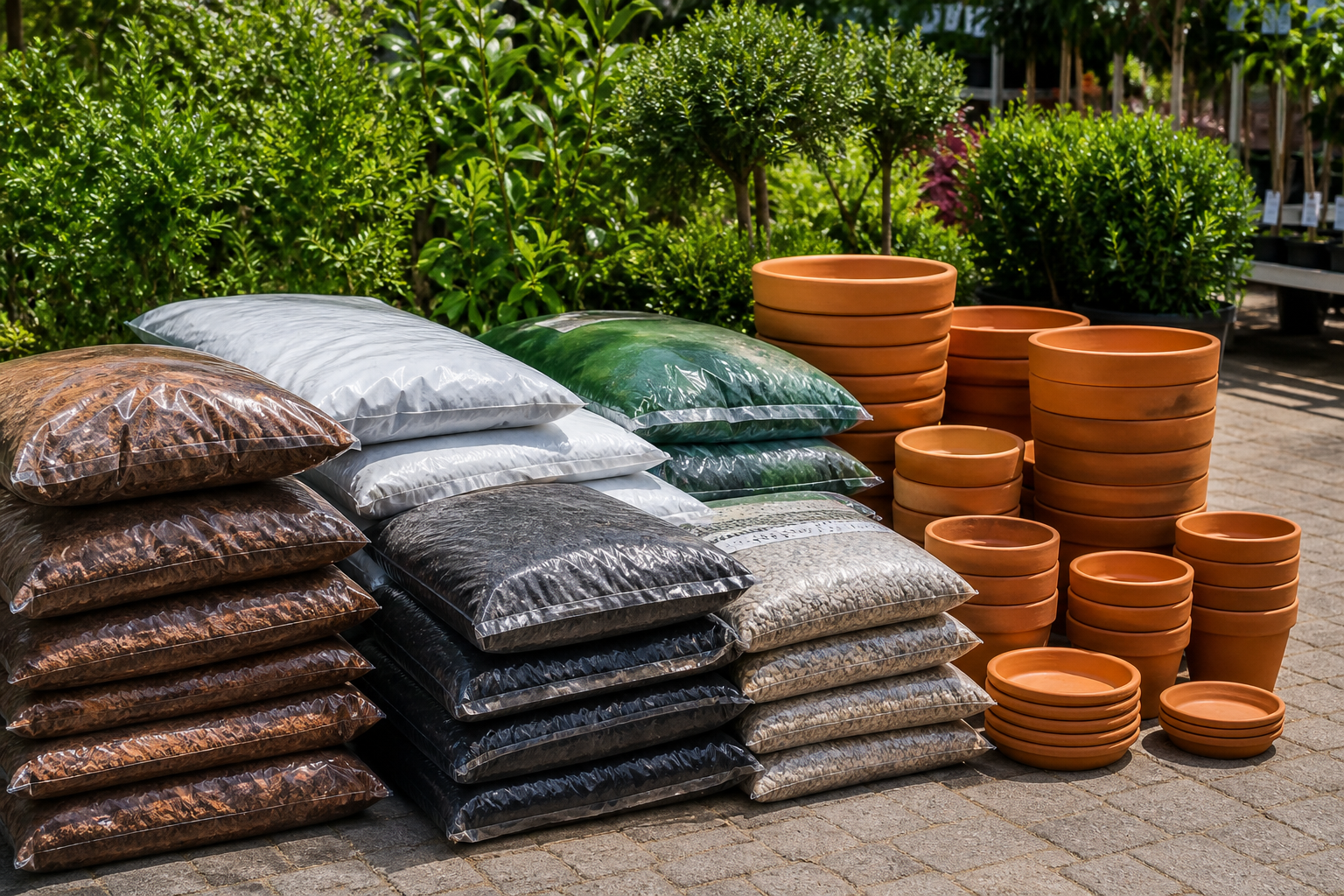 Potting soil bags, mulch and terracotta pots at the nursery